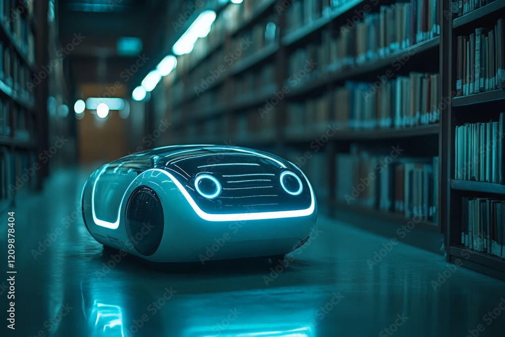 Poster library robot navigating between shelves during late evening hours in a futuristic reading space