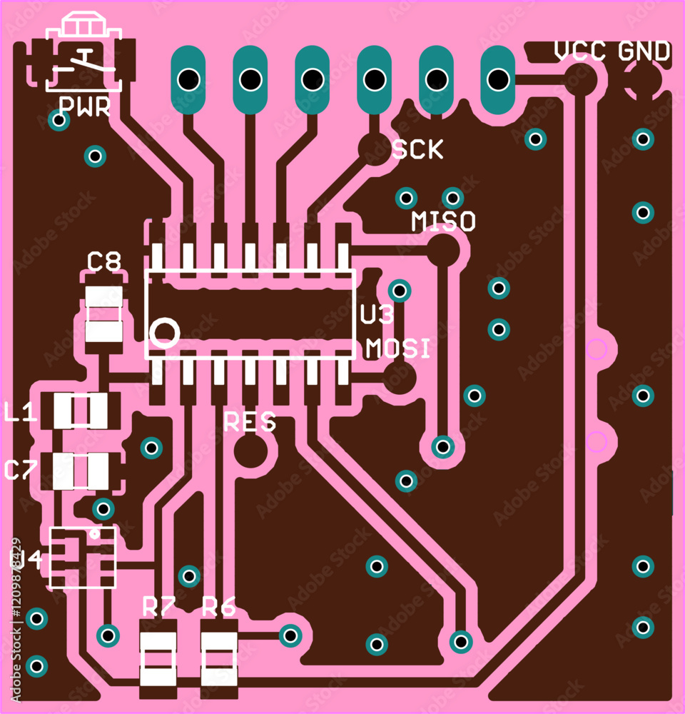 Poster vector printed circuit board of electronic device with components of radio elements, conductors and 