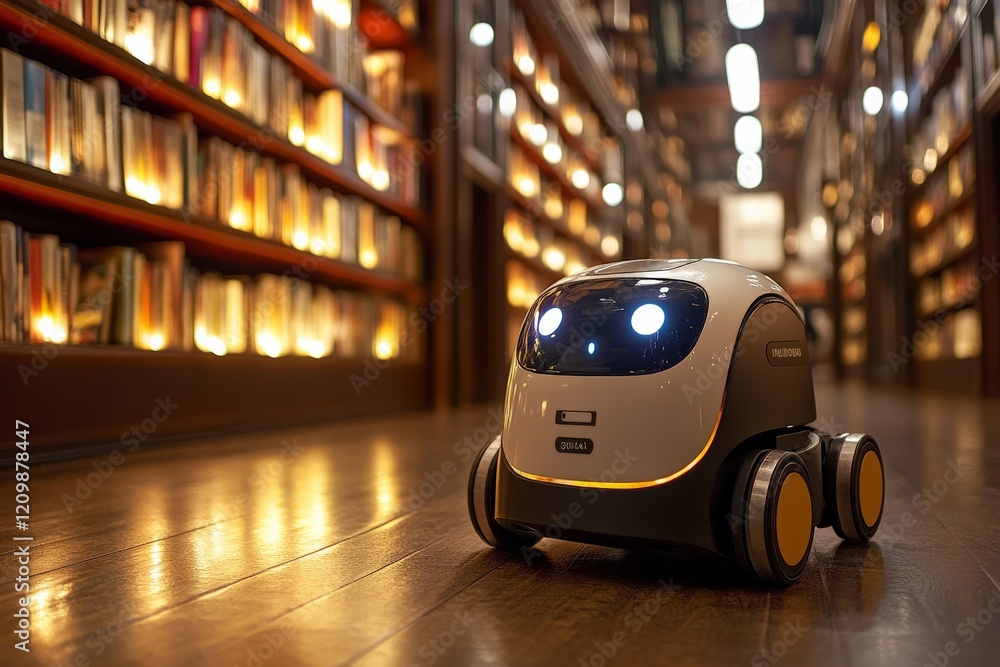 Poster robot assistant navigating through a library filled with books during evening hours