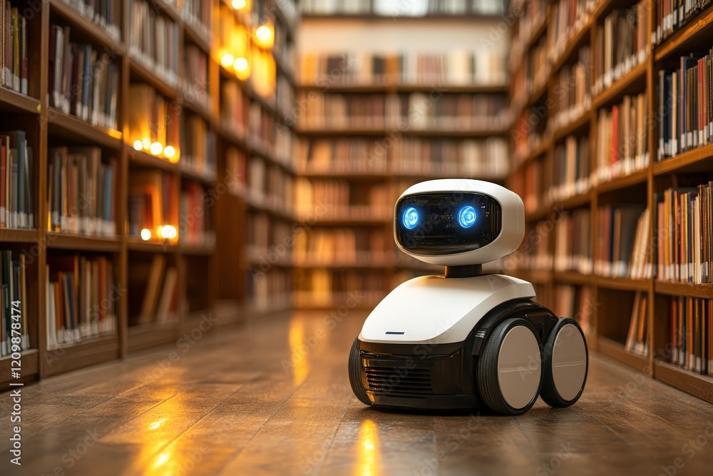 Leinwandbilder robot explores a library filled with books and warm lighting, showcasing modern technology in a trad
