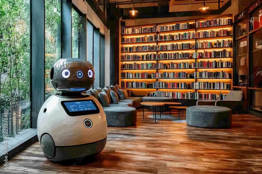 Poster modern robot assistant in a stylish library setting during daytime