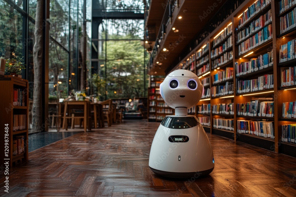 Poster robotic assistant engages with visitors in a modern library setting during daylight