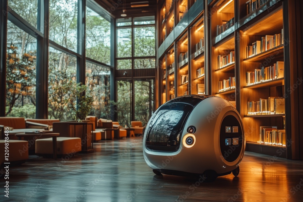 Poster robot librarian assists visitors in modern library filled with sunlight and books