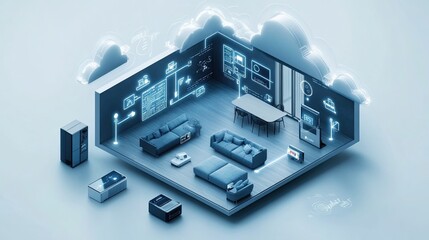 Cloud technology and devices linked to digital storage over the Internet, showcasing IoT and smart home integration.