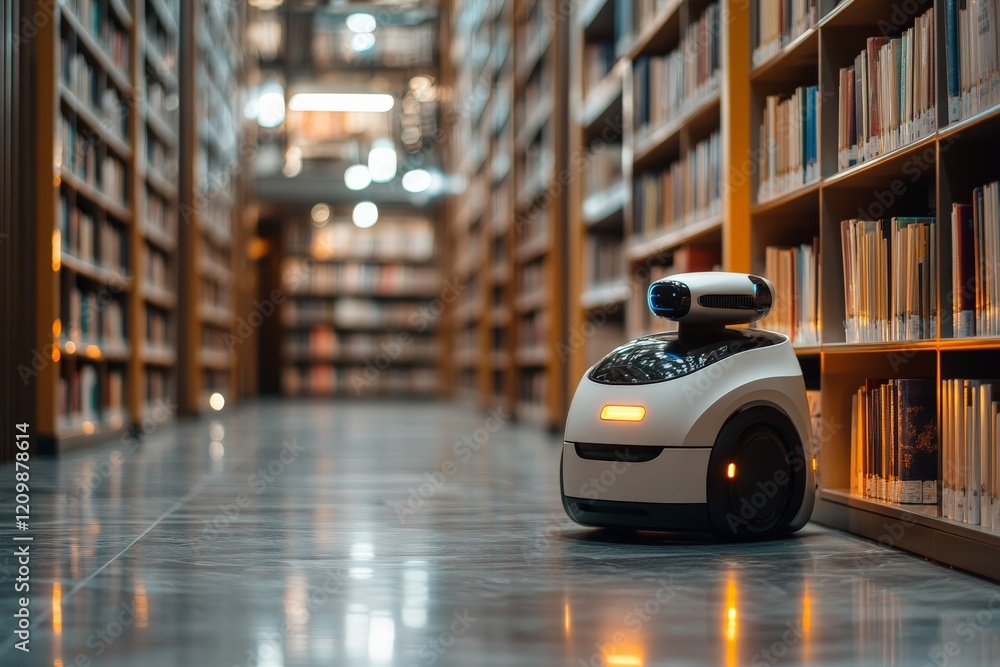 Leinwandbilder robot assistant navigates through a library corridor during evening hours