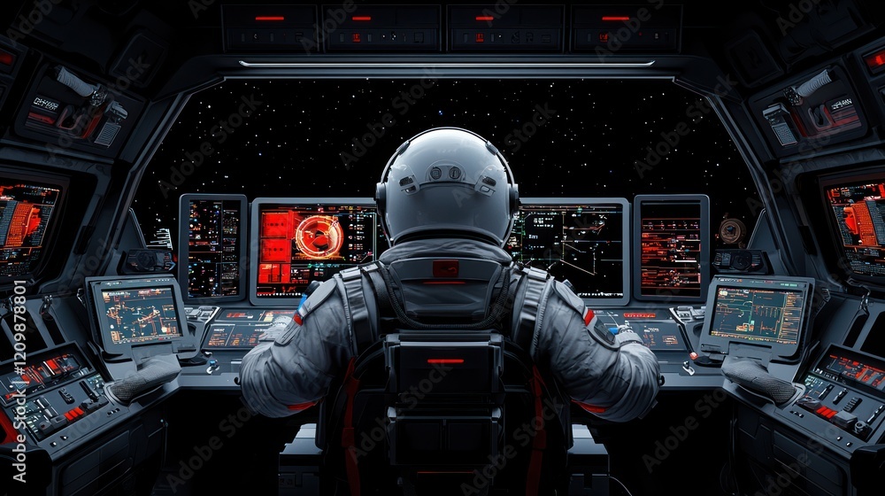 Aufkleber an astronaut controls a high-tech spacecraft, surrounded by screens displaying starry space and miss