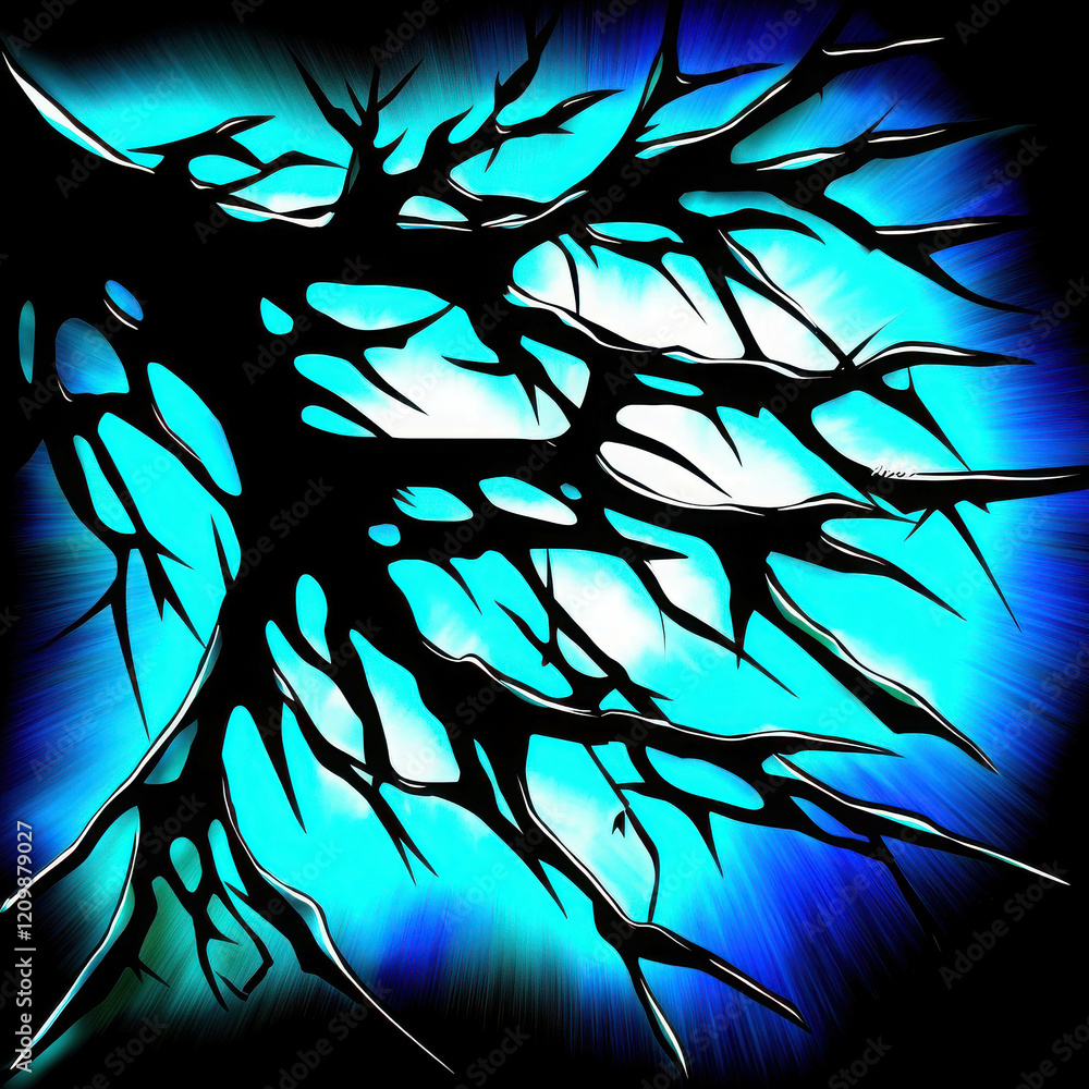 Poster abstract blue and black design with intricate branch-like patterns and vivid colors