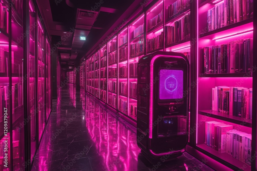 Poster Modern library with neon lighting and automated book retrieval system in a sleek corridor
