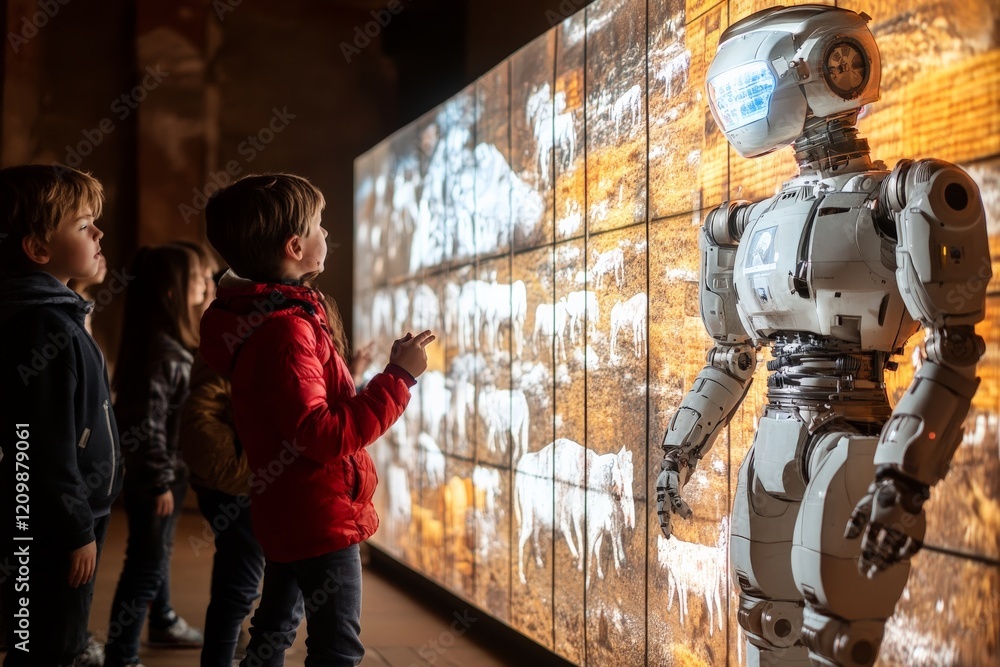 Poster Children interact with a robot displaying digital art in an innovative exhibition space