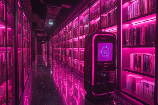 Modern library with neon lighting and automated book retrieval system in a sleek corridor