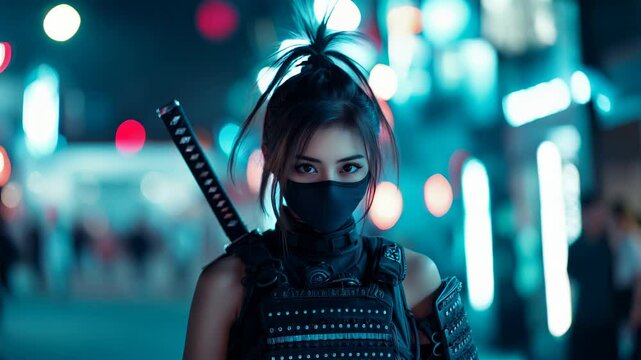 In a vibrant urban setting, a ninja stands confidently, surrounded by glowing neon lights. The camera elegantly captures her fierce expression and striking attire, creating a captivating atmosphere.