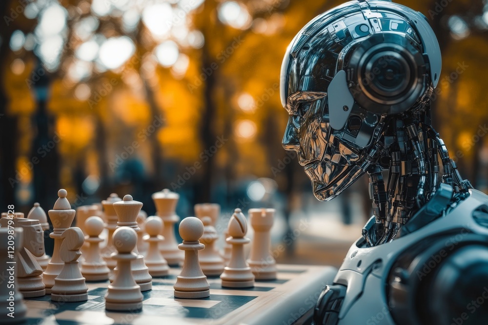Poster robot plays chess in a park surrounded by autumn trees on a sunny day