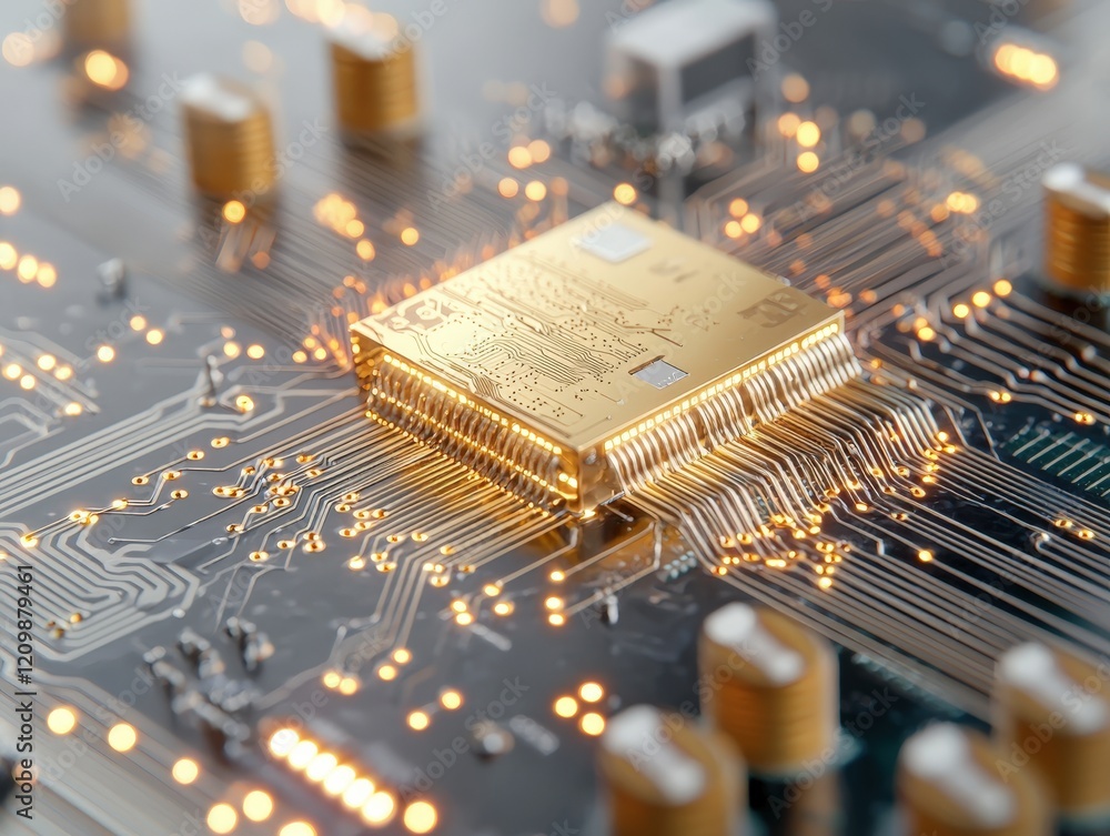 Poster detailed close-up of a gold chip on a circuit board with bright lights and intricate patterns in tec