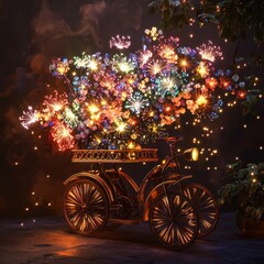 Antique cart bursting with luminous floral fireworks