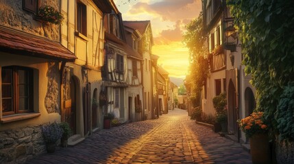 Obraz premium Charming European village street at sunset, highly detailed, peaceful and inviting, vibrant and picturesque, warm and beautiful atmosphere