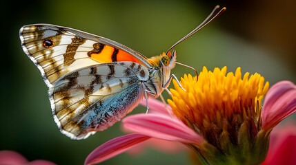 A butterfly sipping nectar from a vibrant flower, focusing on its colorful wings and thin antennae in sharp detail