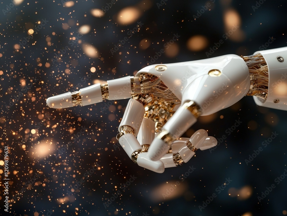 Poster futuristic robotic hand reaching out with sparkling particles in dark background for high-tech conce