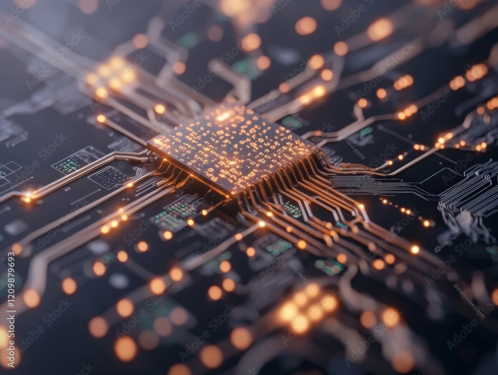 Poster abstract close-up of computer circuit board with glowing lights and electronic component, technology