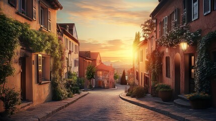 Naklejka premium Charming European village street at sunset, highly detailed, peaceful and inviting, vibrant and picturesque, warm and beautiful atmosphere
