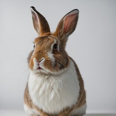 Obraz premium A brown and white spotted rabbit looking curious against a plain white backdrop.