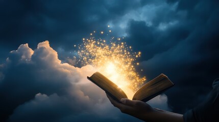 Open book casting golden sparks against stormy sky