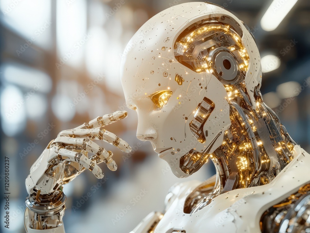 Poster futuristic robot with glowing components in a modern technology environment