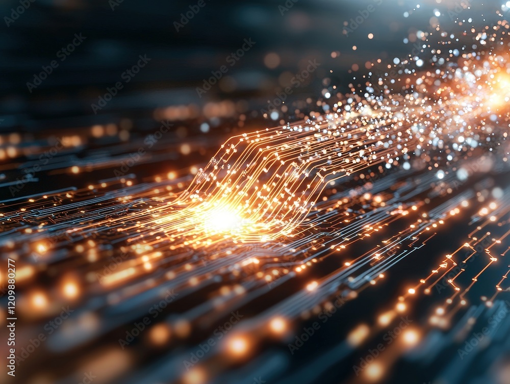 Poster futuristic digital landscape with glowing circuits and bright particles creating a vibrant technolog