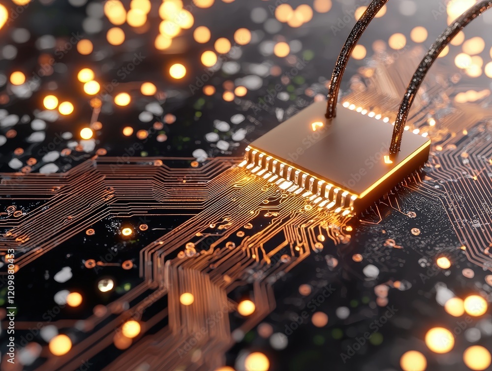Poster detailed close-up of a circuit board with glowing circuitry and microchip on dark background