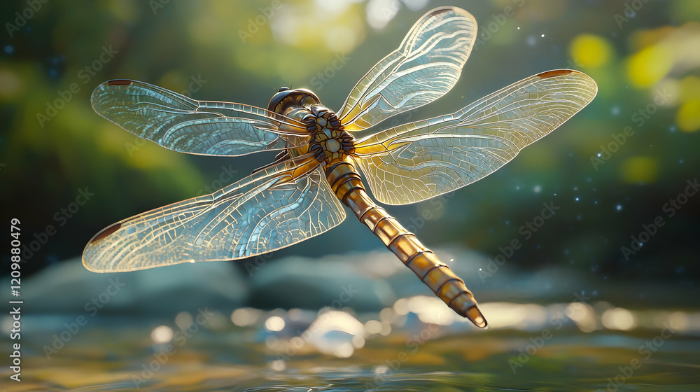 Poster a dragonfly hovering above a stream, its transparent wings and segmented body illuminated under natu