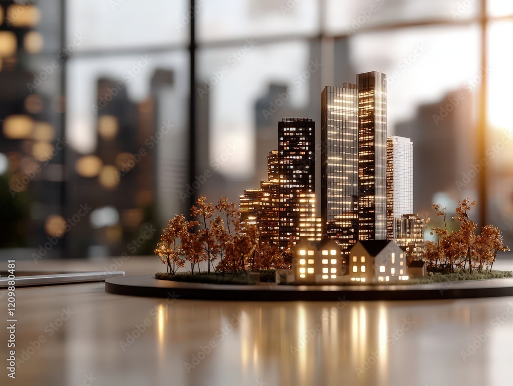 Poster miniature cityscape model featuring illuminated buildings and surrounding trees in a modern urban se