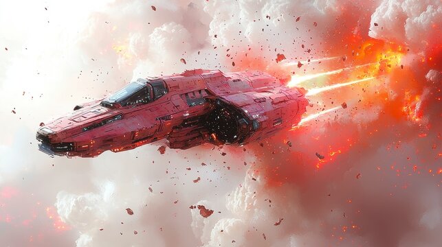 Red spaceship escaping fiery explosion in space.