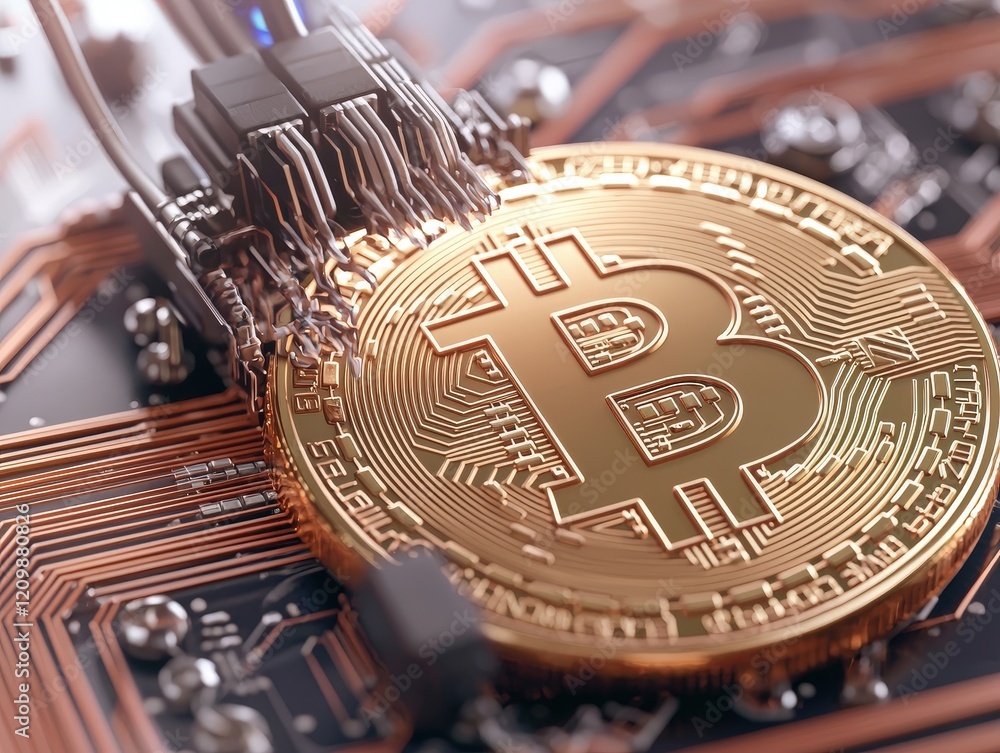 Poster detailed close-up of bitcoin coin on circuit board background for cryptocurrency and technology conc