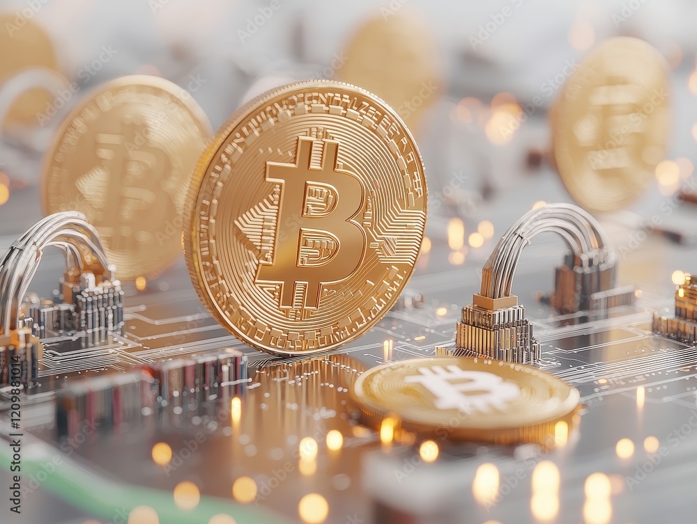 Poster golden bitcoin coins on circuit board with digital connections and glowing led lights representing c