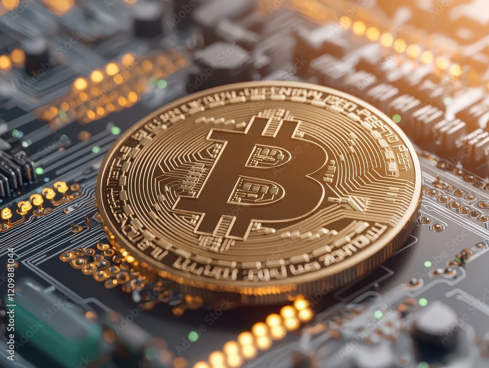 Poster golden bitcoin coin on circuit board with electronic components glowing in background, symbolizing c
