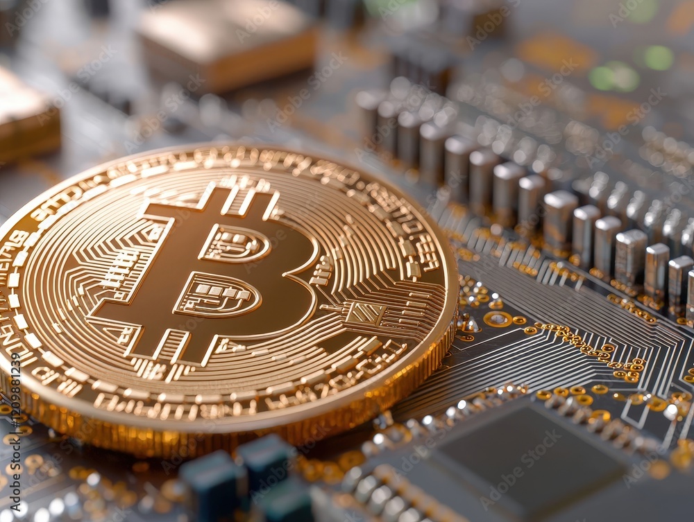 Poster golden bitcoin coin on circuit board with electronic components and technology elements in a modern 