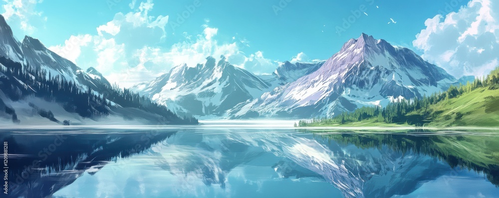 Poster A serene mountain lake reflecting the snow-capped peaks that surround it.