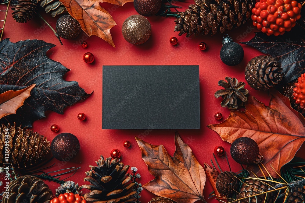 Poster a close-up and overhead shot of a black card with leaves pine cones and ball ornaments on a red back