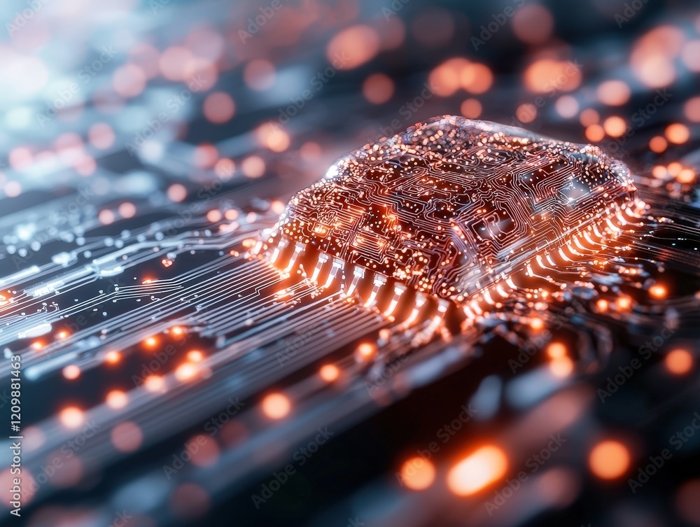 Poster close-up of a microchip surrounded by glowing circuit board with bright led lights and abstract digi