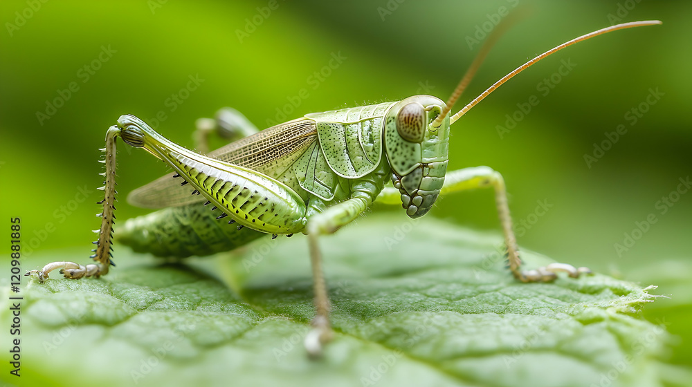 Poster a grasshopper camouflaged on a green leaf, with its textured legs and segmented body in sharp focus