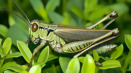 A grasshopper blending into green foliage, with its textured body and segmented legs sharply focused