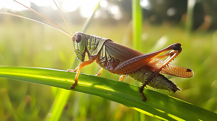 A grasshopper perched on a green blade of grass, focusing on its elongated legs and textured body in bright light