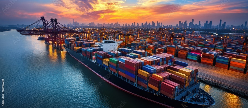 Poster aerial view of busy container port at sunset with colorful shipping containers and city skyline in t