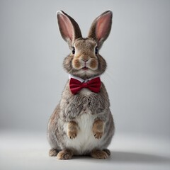 Obraz premium A cartoon bunny with a bowtie standing cheerfully on a white surface.