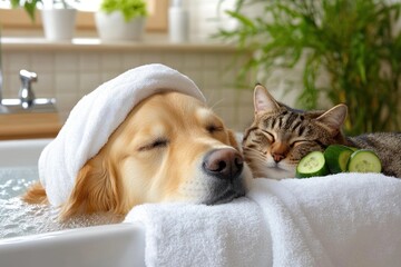 Spa time for dog and cat with cucumber slices.