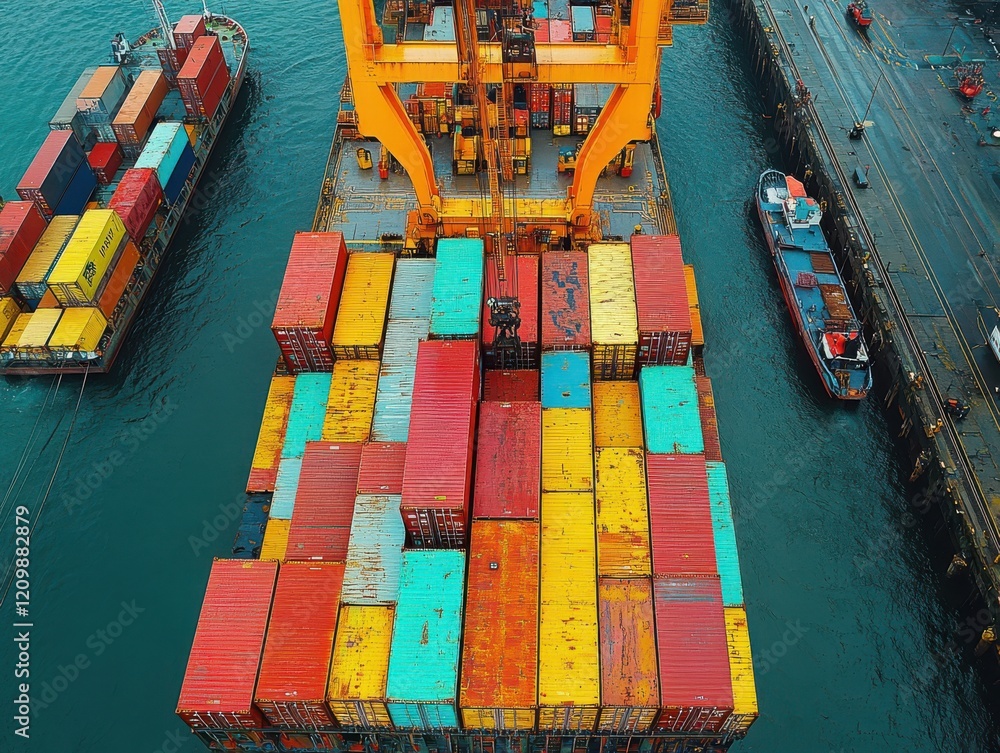 Poster aerial view of cargo ship at port loading colorful shipping containers with vibrant colors in indust