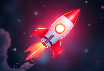 Rocket launch at sunset, vibrant colorful sky, dramatic clouds, ocean reflection, silhouetted landscape, fiery exhaust plume, space exploration, cinematic lighting, bold contrasts, surreal atmosphere,