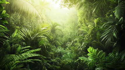 Lush Tropical Jungle with Dense Green Foliage and Soft Ambient Light for Serenity and Tranquility