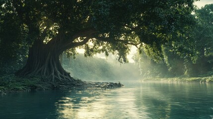 Naklejka premium Majestic ancient tree by tranquil river at sunrise, misty forest.