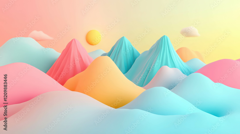 Poster Serene 3D Design of Colorful Mountains with Soft Gradients and Tranquil Atmosphere