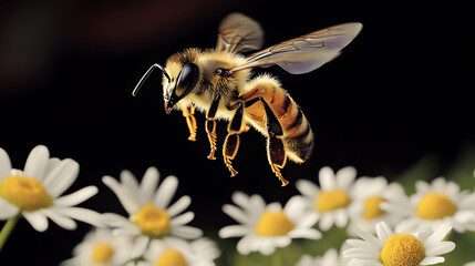 A honeybee flying near a cluster of daisies, its delicate wings and fuzzy body illuminated under bright conditions